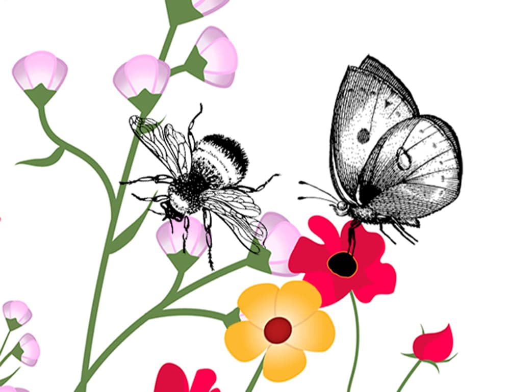 Tecknad bild av blommor och insekter