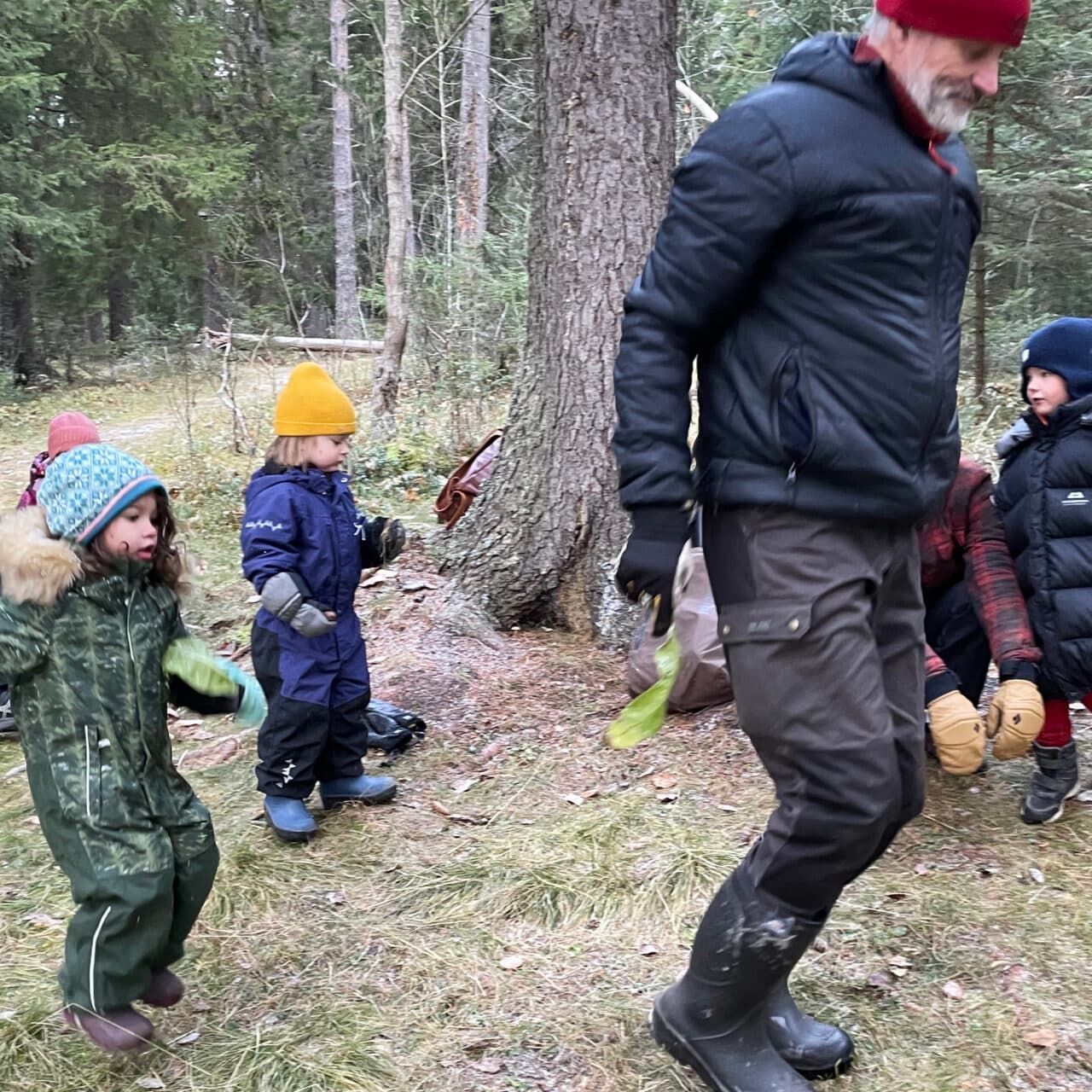 Vuxna och barn som leker i skogen